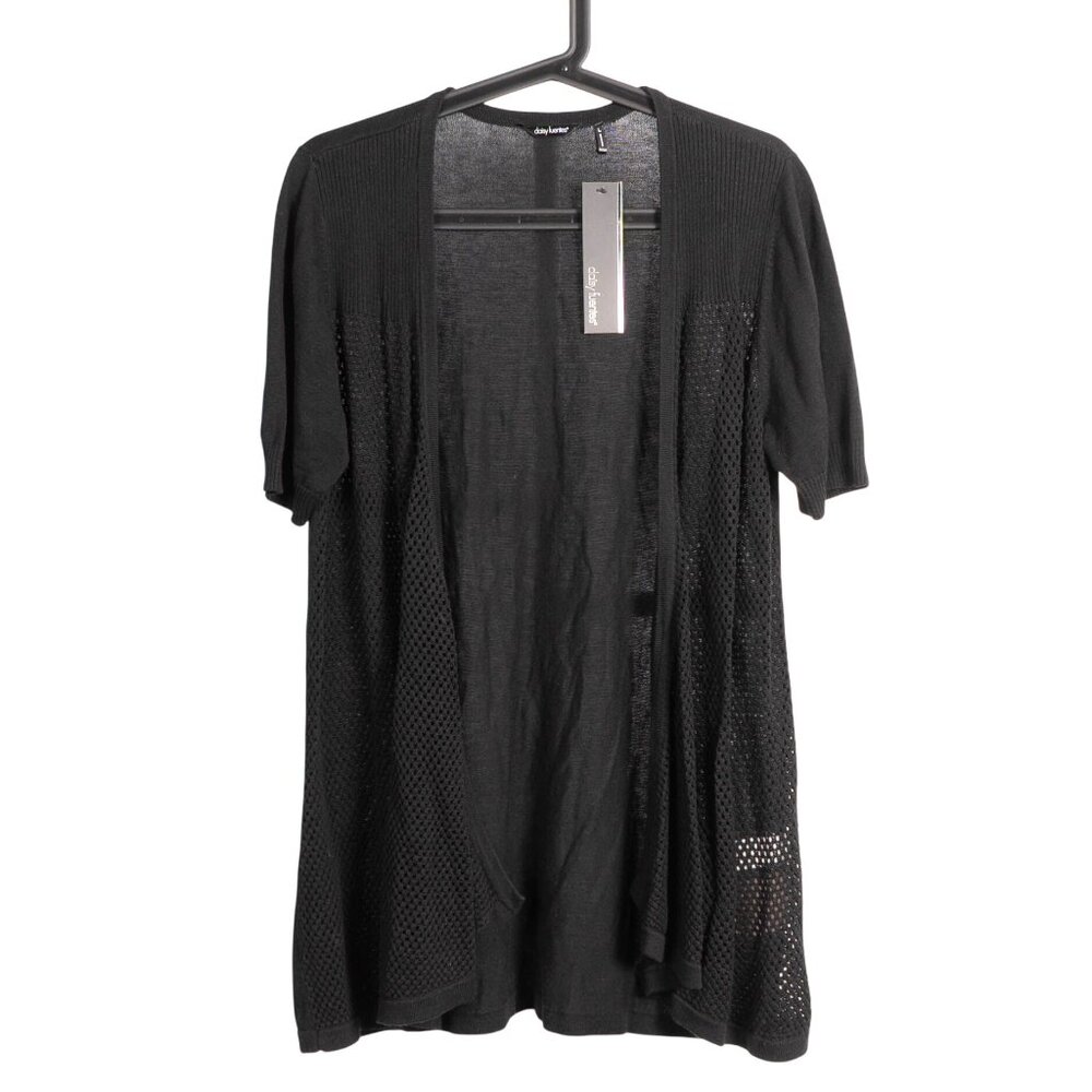 Daisy Fuentes Flyaway Cardigan Sweater L Womens Black Mesh Knit Short Sleeve
